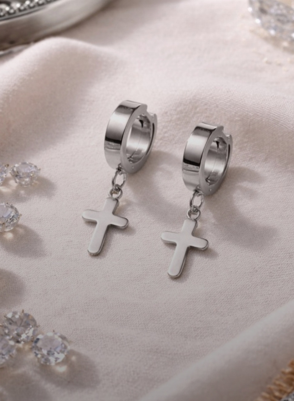 Silver Cross Huggie Drop Earrings - Women Jewelry